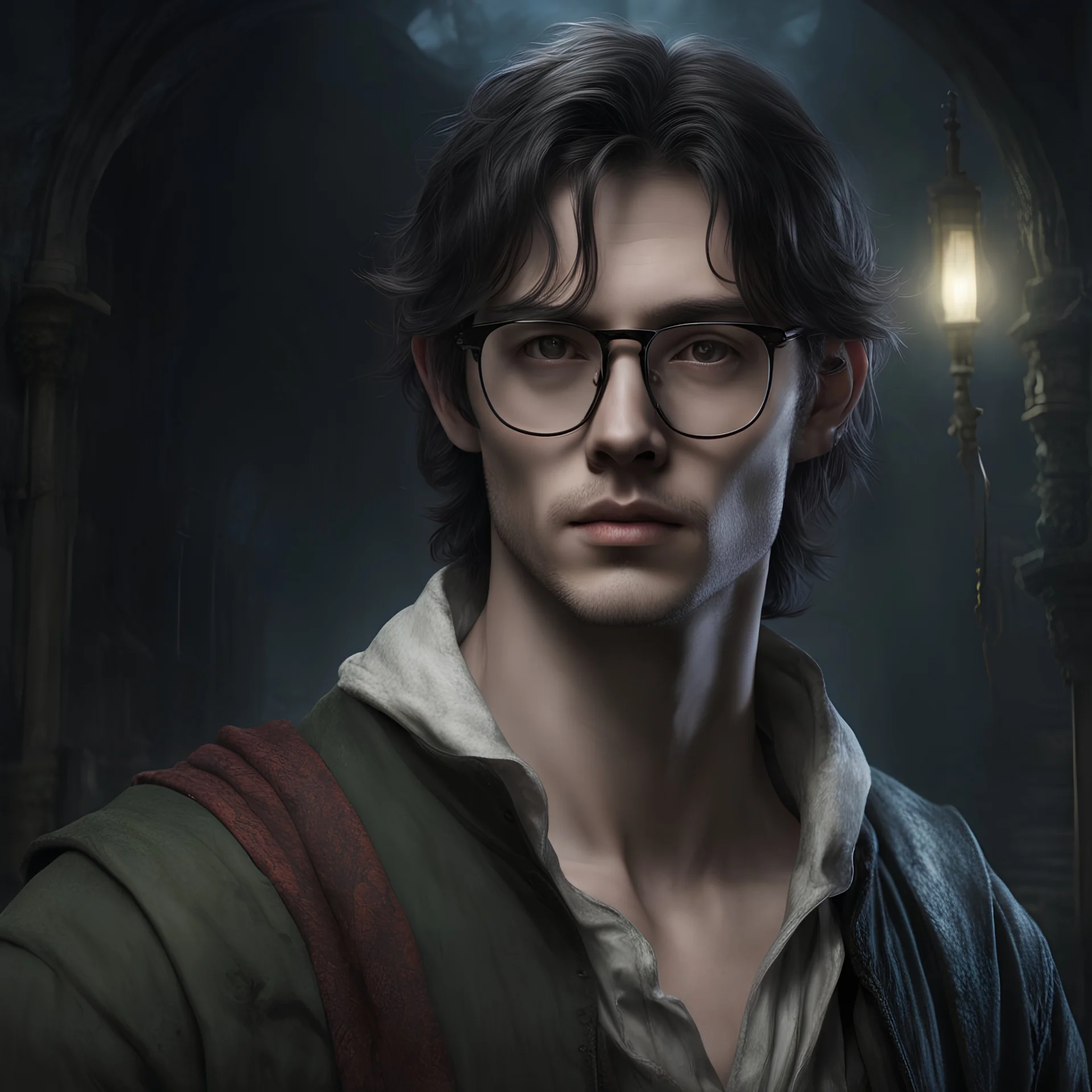 fantasy dnd scholar 30 year old male ghost hunters wearing eye glasses thin body havent eat in a week dirty from travelling the road long dark hair