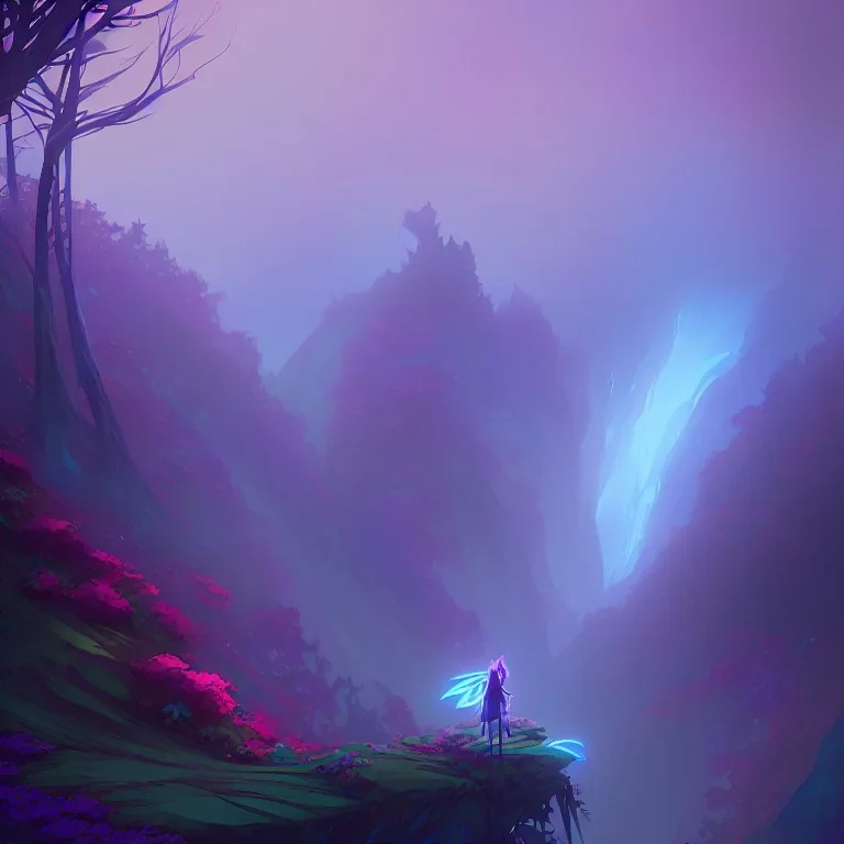 blue ridge mountains environment, fairy novel character, vibrant colors in the style of little princes, circle shaped format with floral boarder, colorful volumetric reflective lighting effects, beautiful spirit ultra detailed, Intricate concept character design is walking through the dark forest woods