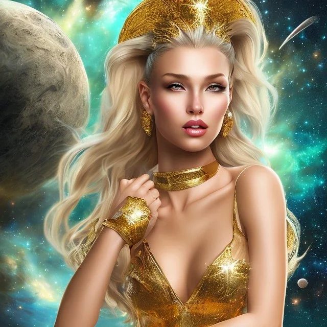 donna bellissima con corpo intero sexy,donna venusiana viso bello con occhi chiari con trucco glitter, capelli biondi,con abito oro,blu e bianco tra le stelle nel cosmo e le astronavi