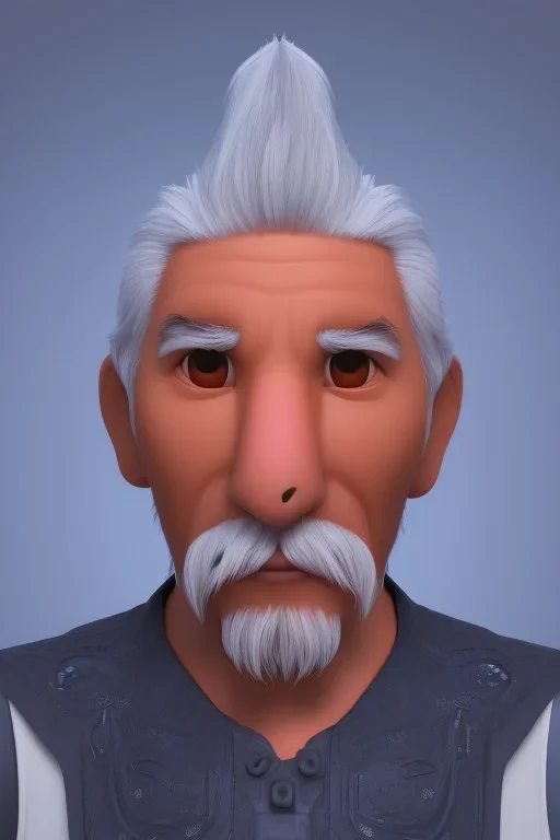 3D render of a cyberpunk tribal old man, gray hair and goatee, on a dark blue jungle background, digital art