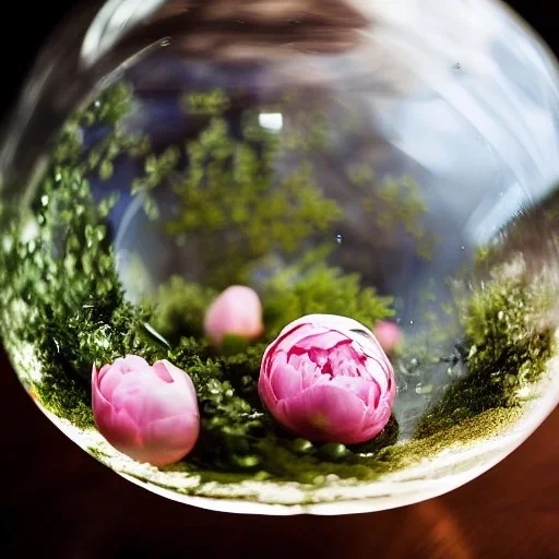 Cinematic shot of peonies inside a glass ball, glass, crystal, leaves, luxurious, terrarium