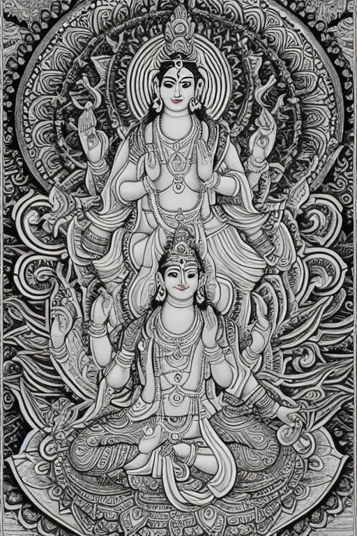 Hinduism, modern realistic cartoon drawing, grayscale, adult coloring pages, Hindu god Brahma, male god, wisdom, transformation, lined drawing, coloring page, 300 dpi, high quality print, painted portrait, full body, white hair , masculine, mature, handsome, upper body, muscular, hairy torso, fantasy, intricate, elegant, highly detailed, digital painting, artstation, concept art, smooth, sharp focus, illustration, 8K, HDR, masterpiece, pastel quad Color, 3D vector art, cute and quirky, fantasy