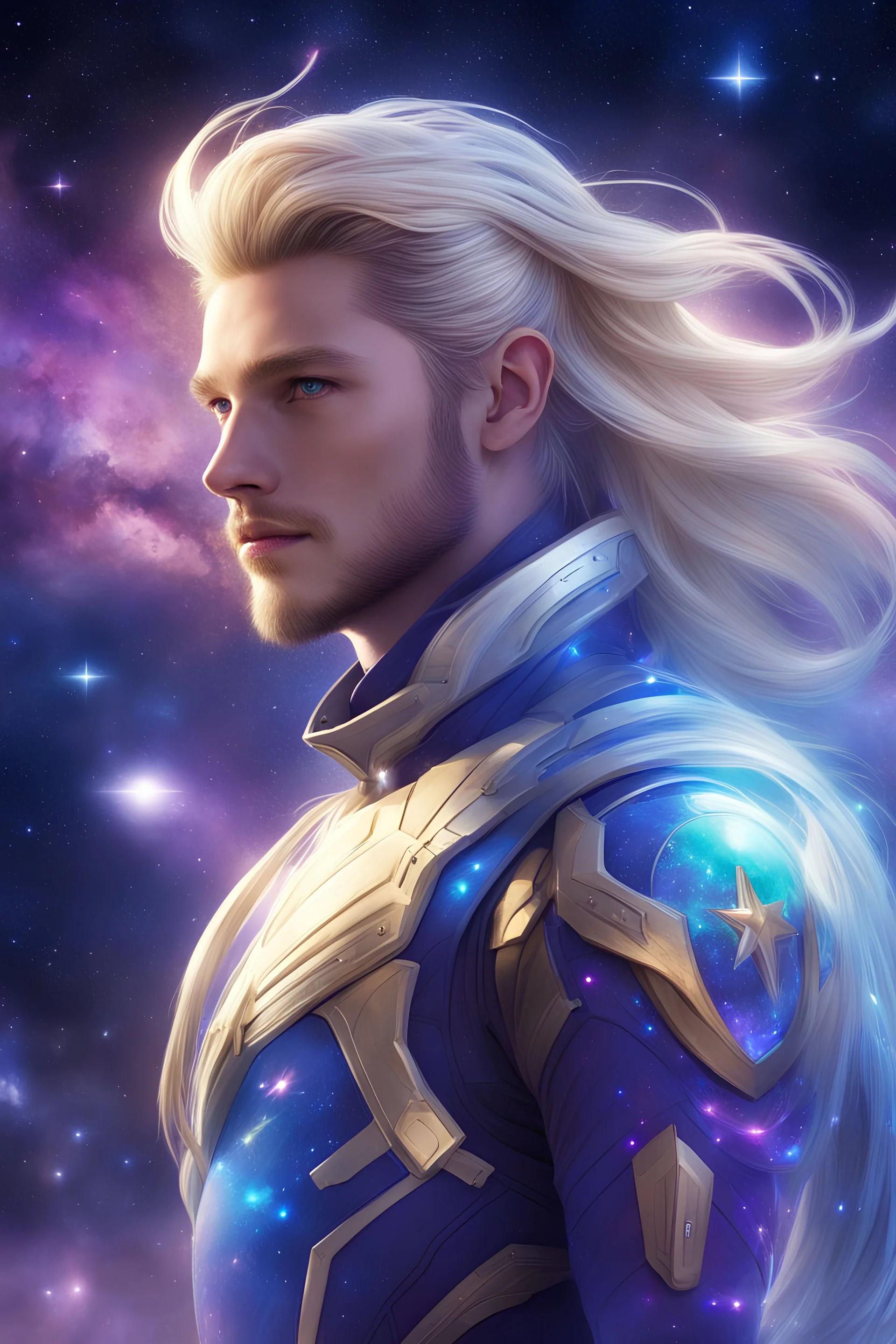 handsome man, cosmic traveler,guardian of galaxy, cosmic uniform gold, blue, purple wings, long hair, ponytail, blonde, white, blue highlights, space background, stars, milkyway, aurora lights