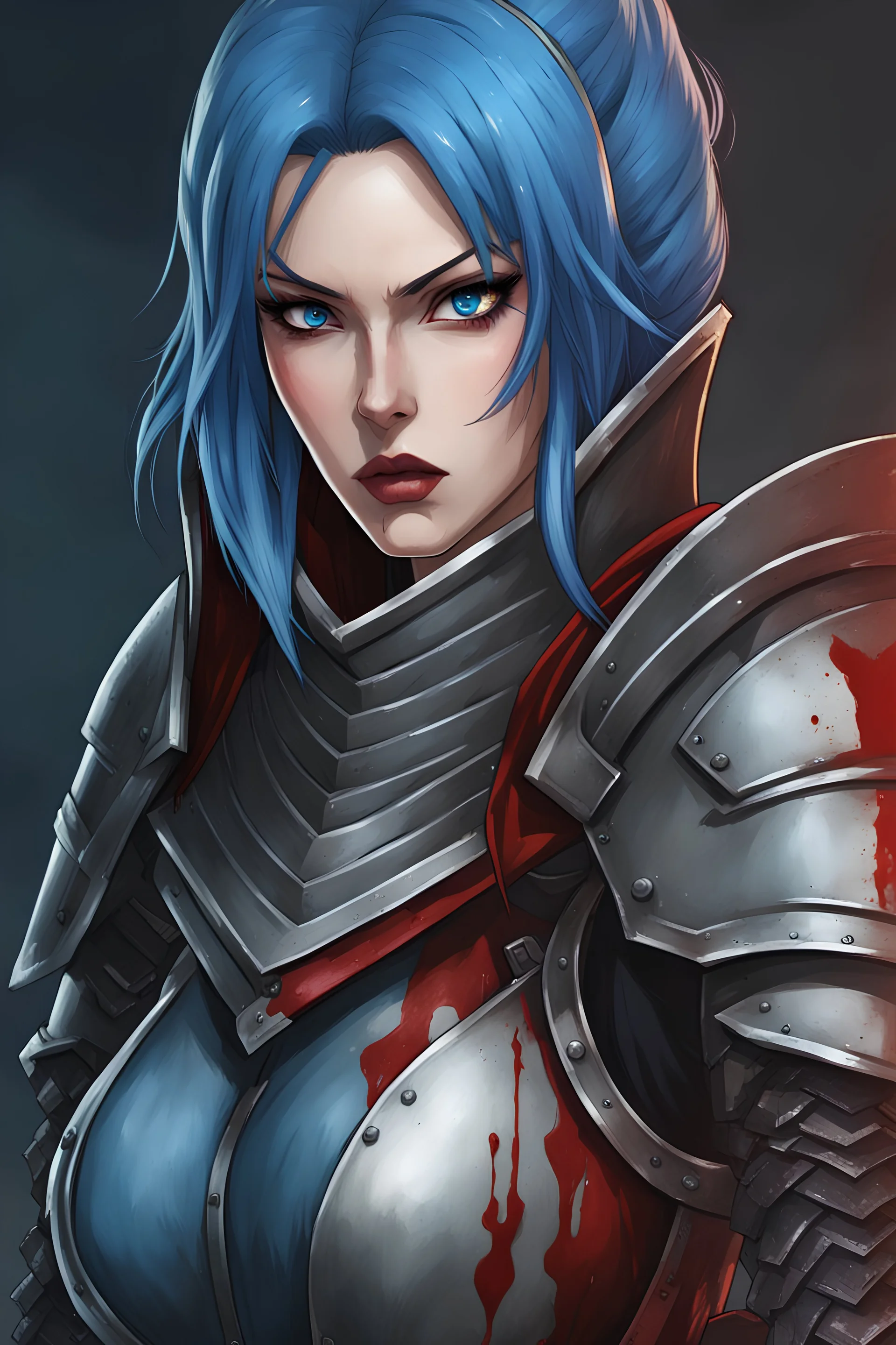a beautiful woman wearing medieval armor, looking at the camera, angry, blue eyes, blue hair, gray and red armor, anime artstyle, close up on face, blood on his face, longe hair, furious expression, kazuma kaneko painting style, prison school art style,