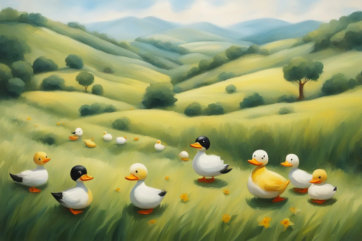 hills with duck dolls in summer. like oil painting