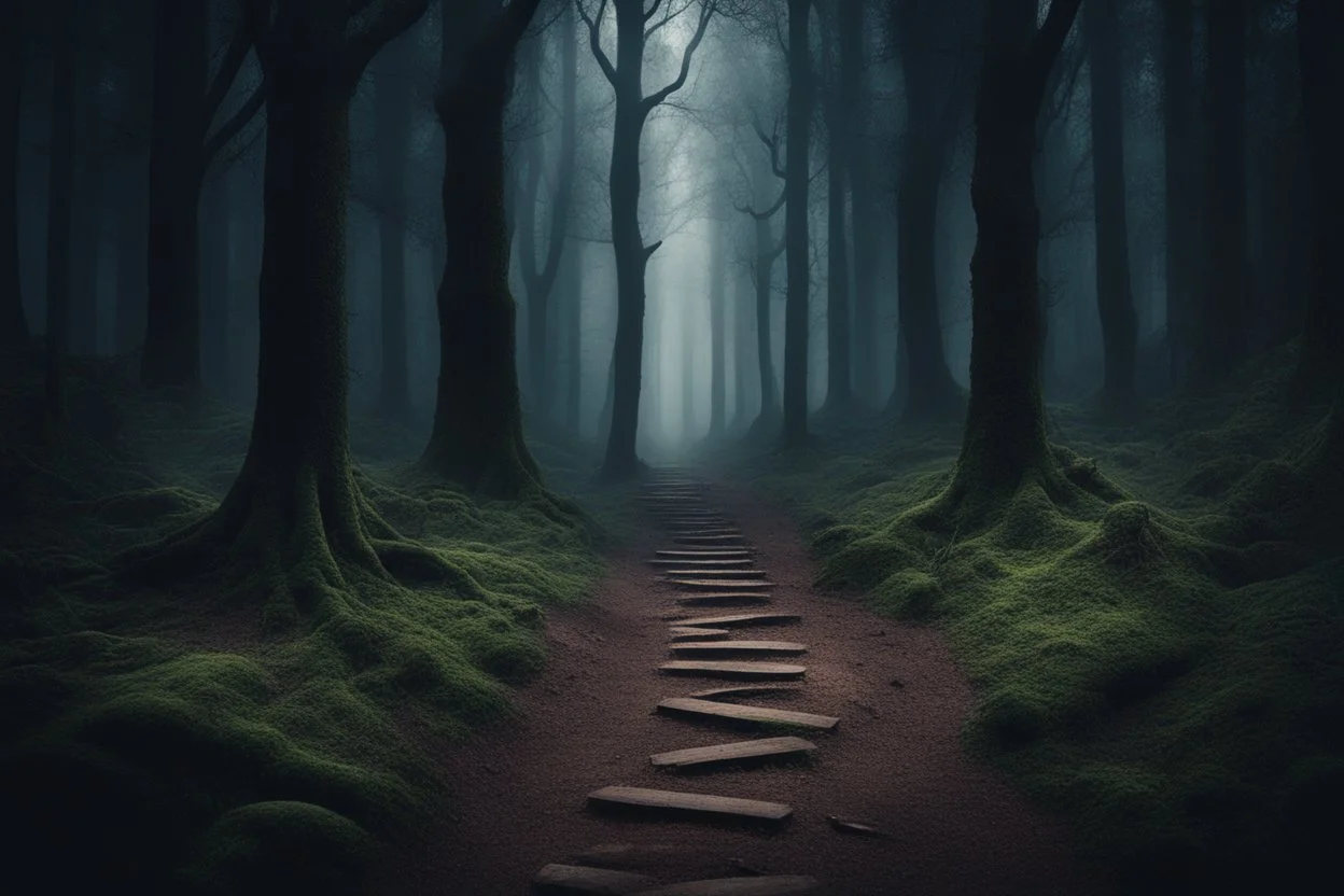 лес темный, с тропинками