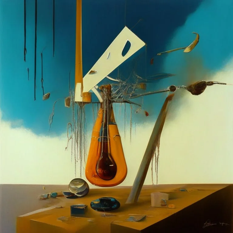 Abstract painting formed by a mix of human flesh-like surgical instruments and universe-like neuralink,strange musical instruments,minimalism,Painting By Adrian Ghenie, Rene Magritte, Salvador Dali, Lucian Freud