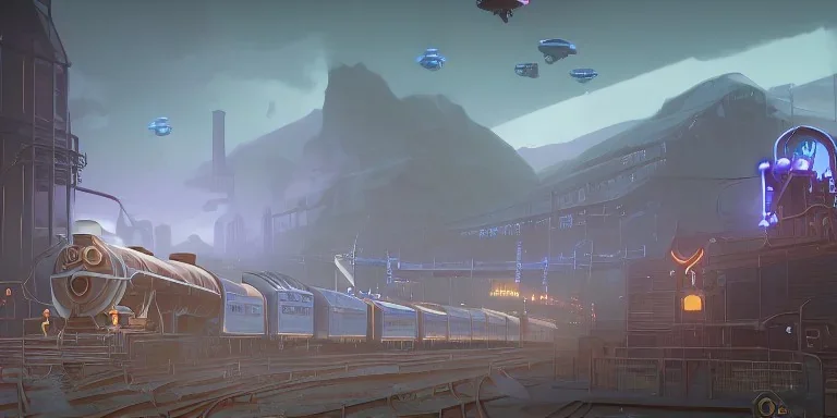 Industrial Area with chimneys and trains in valley and three starship flying above