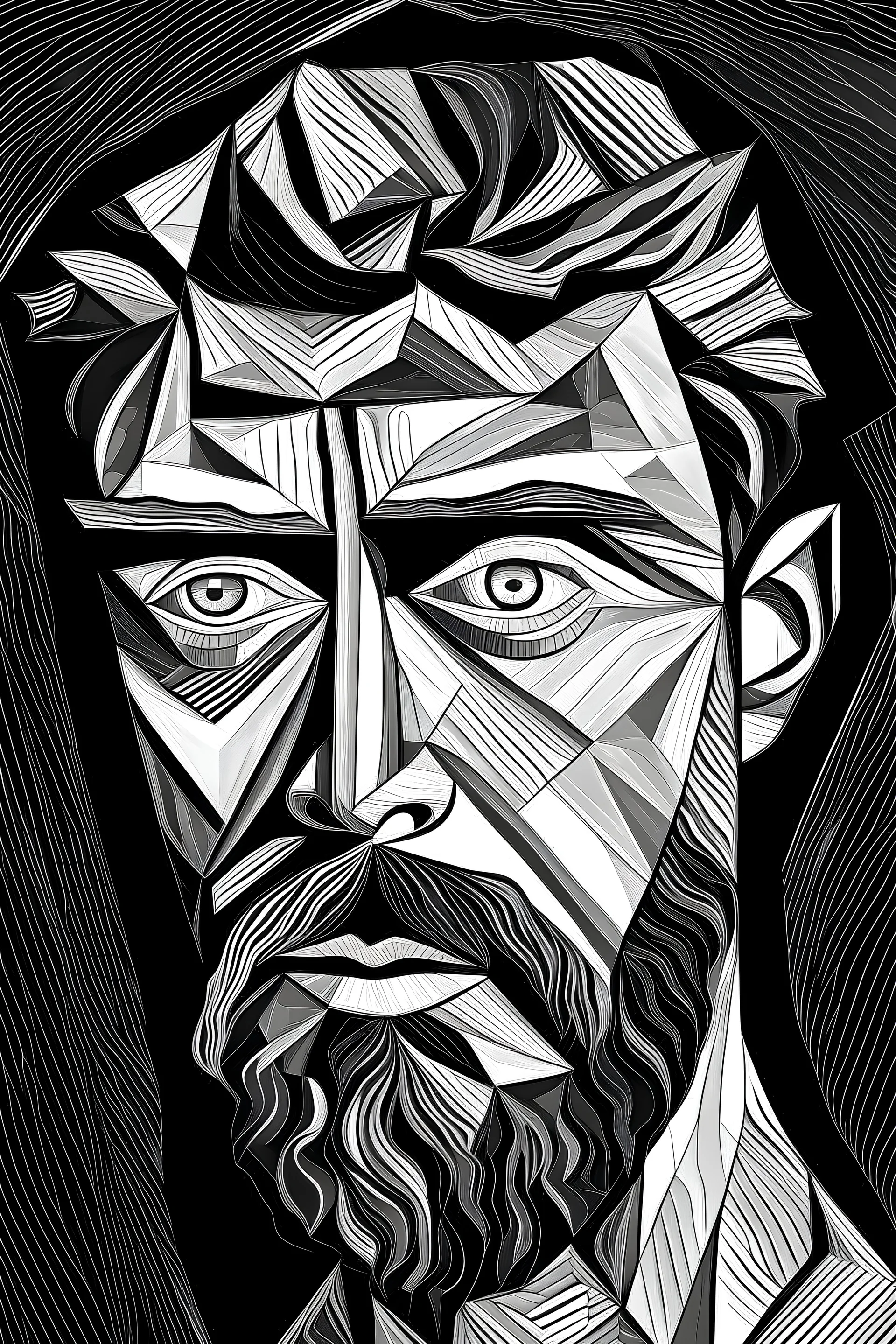 Portrait of a patient with an obsessive episode of bipolar disease made by the artist Van Gogh, mixing with cubist art in black, white and gray color gradation