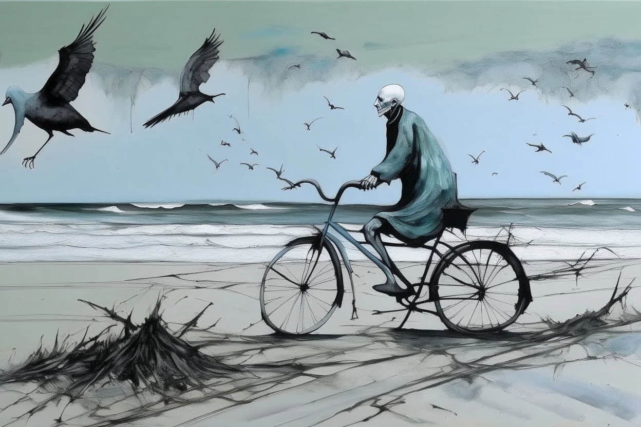 a long-legged lean black-grey monk with ((beak-shaped heads)) (wearing white khiton) riding a bike in front of a spider wreck on a radioactive beach, side view, acrylic painting, minimal art, centered, wild sparse brushstrokes, amazing verticals, great parallels, low bleak colors of gray, pale green, blue and black, excellent negative space contrasts