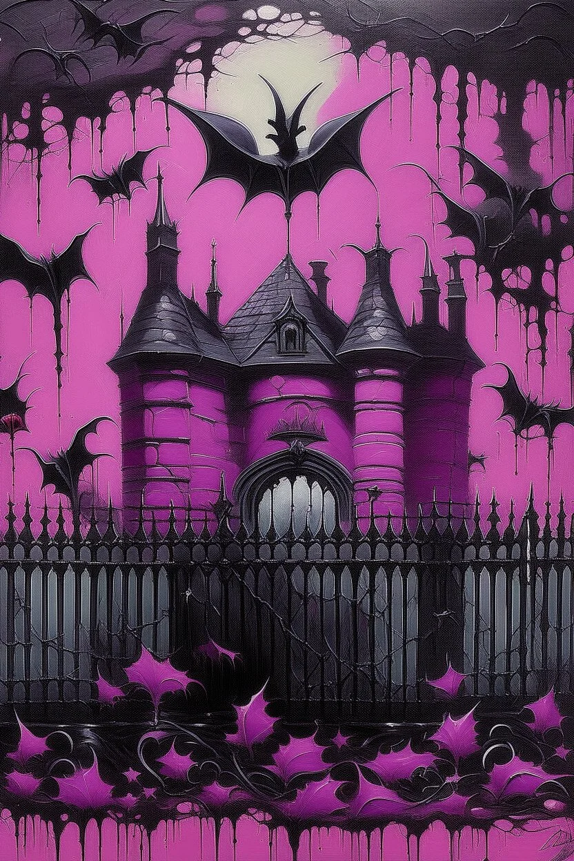 A purplish magenta haunted penitentiary with bats painted by Alan Sorrell