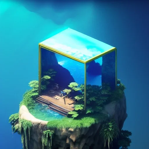 The Isometric Glass Tall Box Mini Model Little Real Island Mixed Water Fall Under Ocean Sunshine Summer Background Blue Sea, The Last Of Us / Avatar, Octane Render / ZBrush, Cinematic, IMAX Film, Nikon D750, 16K, Autostereoscopy, Anthropomorphic, Golden Ratio, Geometry, Symmetric, Depth Of Field, Highly Detailed, Ultra Realistic, Beautiful Lighting, Halfrear Lighting, Soft Light, Candoluminescence, Cast Shadow, Reflective, Glow, Translucent, Normal Map, Carbonated --testp