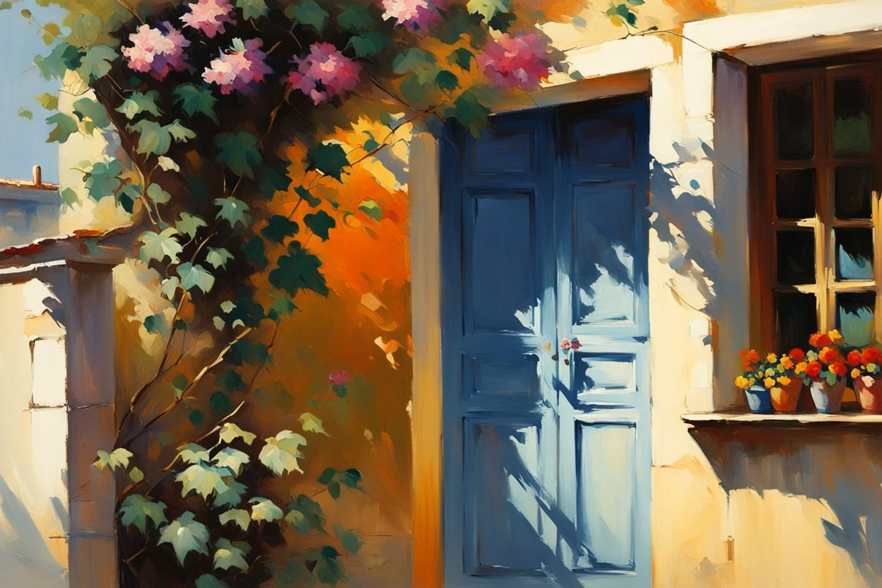 captivating and cinematic impressionist painting by Chen Chun, inspired by Pino Daeni's style, showcases a picturesque village scene. A charming, sunlit house with a potted plant adorned with vibrant, flowering vines sits at the forefront. The sunlight casts stunning shadows and highlights, creating depth and dimension, while the background reveals a serene Mediterranean landscape with elegant and refined elements. This conceptual art masterpiece, created by @challenge2pt, is a 3D render that ex