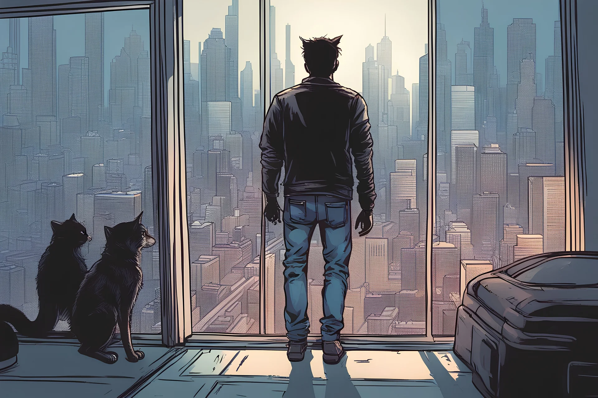 a man and a robot cat, cyberpunk, looking out a window at the city, fog, hovering cars, comic book art style, shirt, jeans,