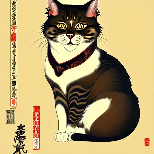 Ukiyo-e Style ,cute cat, with full details, full HD