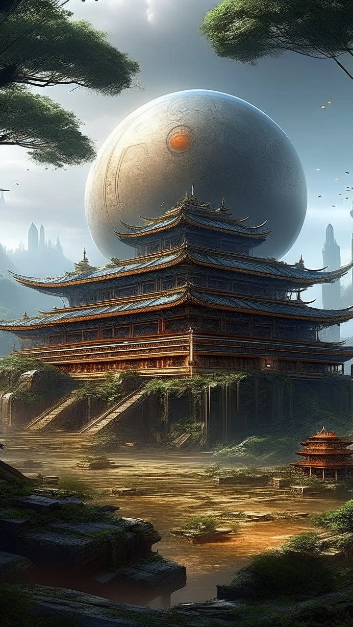 sci fi planet, chinese temple, hidden city