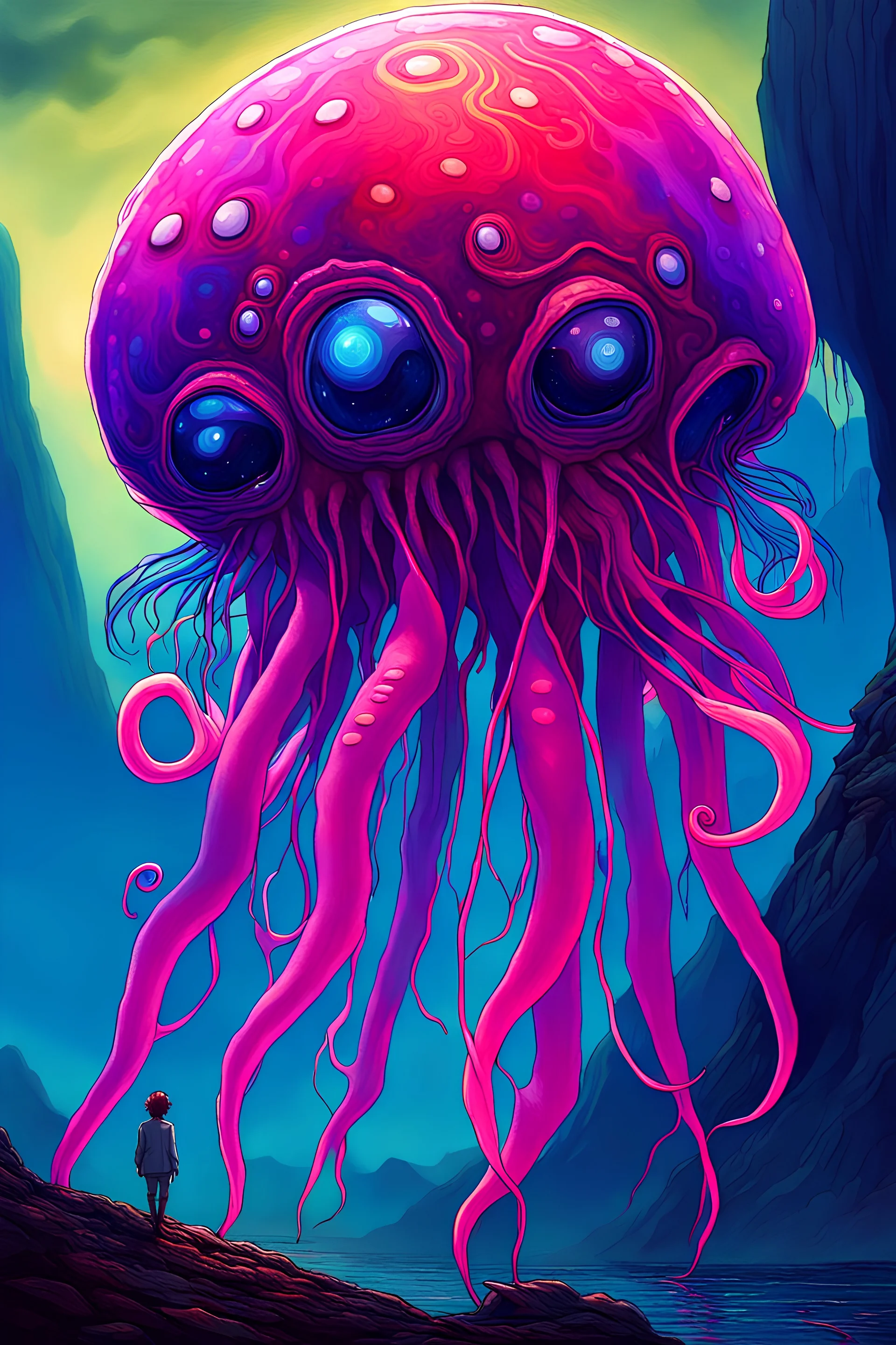 DALL-E 3 P: P: A stunning oil painting in anime style depicting a scary yet colorful creature with translucent, luminous qualities like a jellyfish. The creature has many detailed, iridescent eyes, multiple arms, and large ears. This creature is set against the backdrop of an incredible alien paradise planet at sunset, with vibrant colors and exaggerated perspective. The masterpiece showcases mother of pearl iridescence and holographic whites, creating a terrifying and horror-like atmosphere. Th