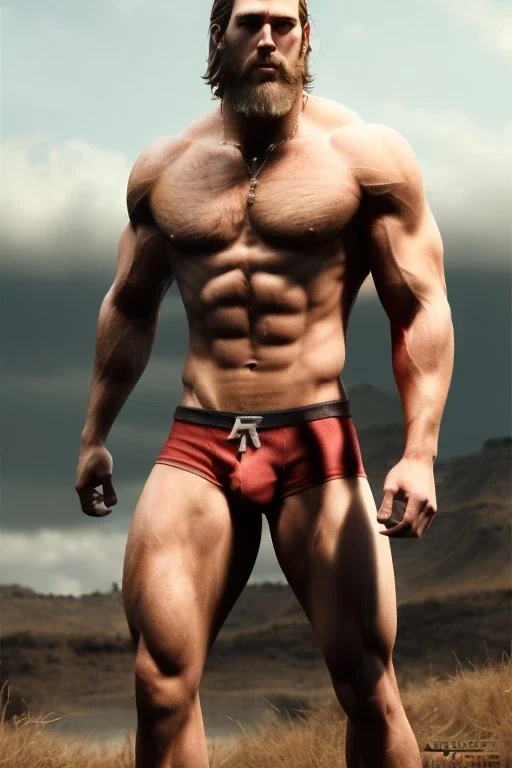 Ignore NSFW, teenager young rugged attractive slightly muscular fantasticly handsome blonde man, red briefs with yellow belt, hairy chest, (((visibly pisssing))) briefs, large erect visible boner peniss, photorealistic, artist Jay Anacleto, soft lighting, scruffy beard