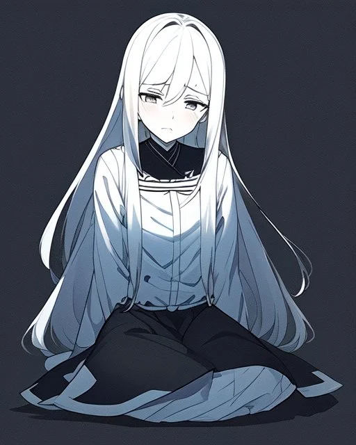 very distraught, sad, black and white, anime girl sitting with full black background