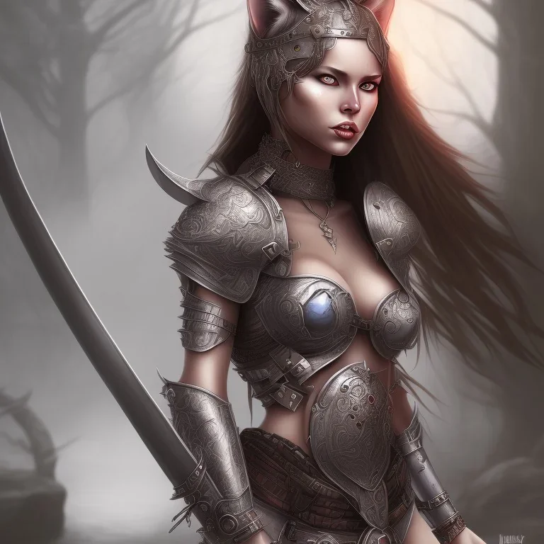 Sexy female warrior cat eyes full body battle background