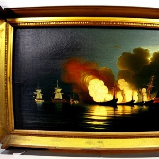 1700s french painting, paint, warship burning, fire, ocean, night