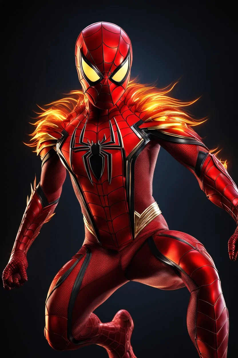 Spiderman in a Phoenix fire bird, super suit with spikes on his arms and shoulders, hdr, (intricate details, hyperdetailed:1.16), piercing look, cinematic, intense, cinematic composition, cinematic lighting, color grading, focused, (dark background:1.1) by. Addie digi