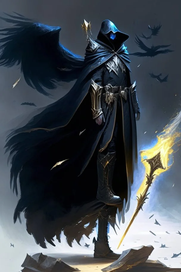 A commander with a black cloak and a long coat with long combat boots and a long spear with his Helmet is golden under his cloak like assasins With a magical power in his hand and a white anklet and boots With blue flame eyes,It has two black wings on its back,Standing on top of a rock