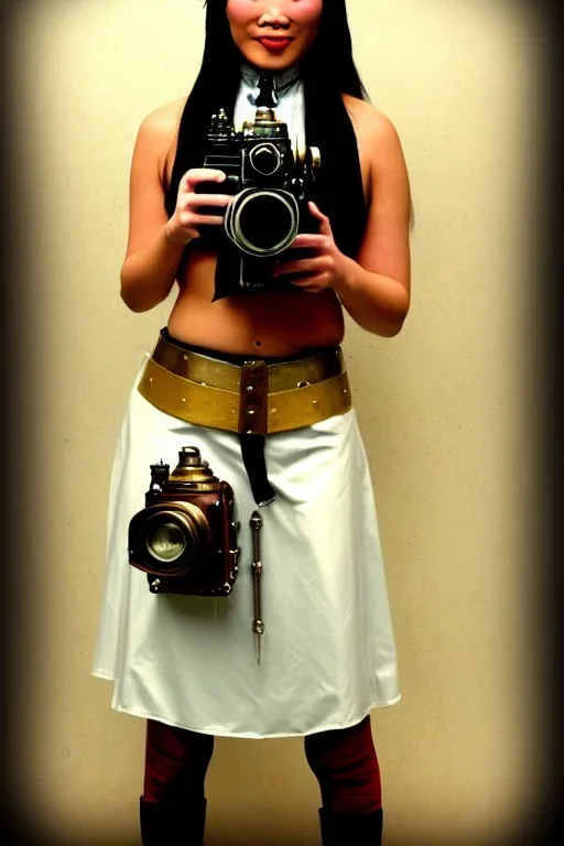 Steam-punk style random-mask. Large fencing mask covers cheeks. Trim girls. Reflective white plastic skin. Camera lenses as eyes. Head full of integrated old-fashioned cameras. Golden to cyan surfaces body, latex. Perfect body, thick thighs and calves. Asa Akira. SElfie with old-fashioned cameras in both hands. Wide hip, skirt bleats nicely. Camera at mons veneris. Partly symmetrical. Black wide leather belt with camera. Euclidean 3D-tiling walls. surrealistic. surveillance walls