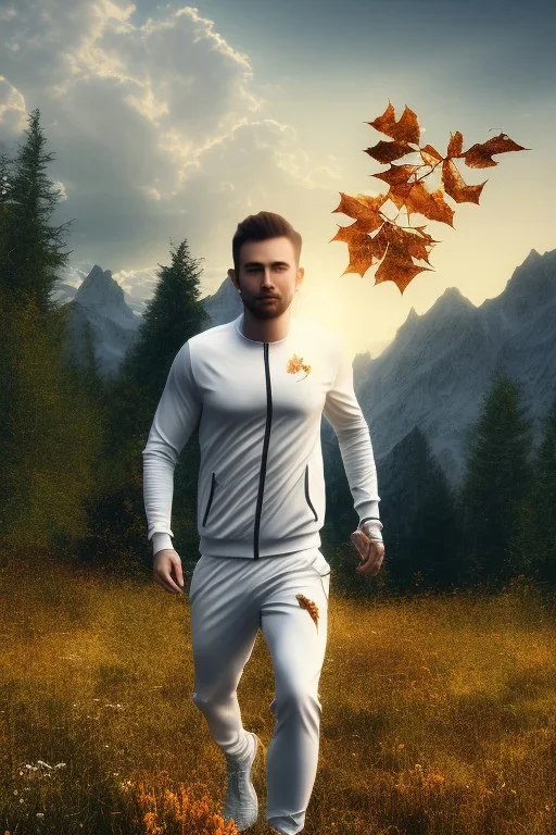 running men portrait , white jogging suite , in the sunset Alps, golden light , holding leaves and flowers , angels background, volumetric light, high detail, dark leaf tree, dark mountains in background, perfect