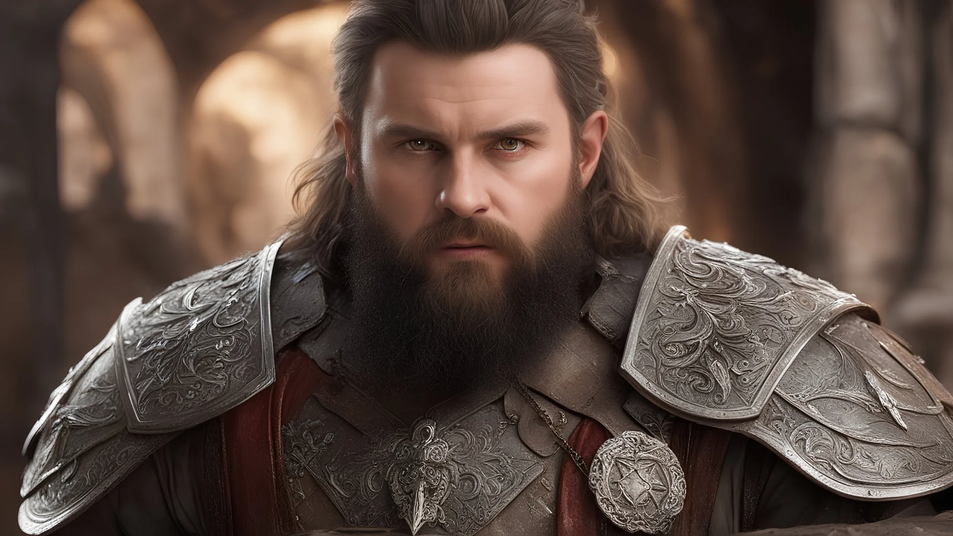 photoreal close-up of a crooked hanging gorgeous painting of a holy muscular rugged confused stout young bearded dwarf master cleric with a bloody busted lip with ornate religious armor, his expression one of worry and confusion, in a desert store in the forgotten realms otherworldly, in the style of fantasy movies, photorealistic, shot on Hasselblad h6d-400c, zeiss prime lens, bokeh like f/0.8, tilt-shift lens 8k, high detail, smooth render, unreal engine 5, cinema 4d, HDR, dust effect, vivid