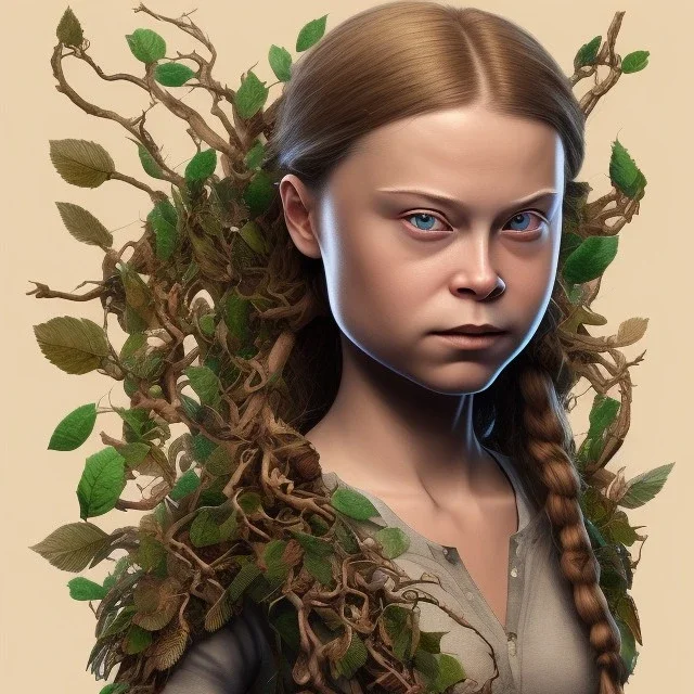  Greta Thunberg portraitfull face tattoo of leaves and gnarled branches extending past face and morphing into reality, 8k resolution, high-quality, fine-detail, muted colors,intricate, digital art, detailed matte, volumetric lighting, illustration, octane render