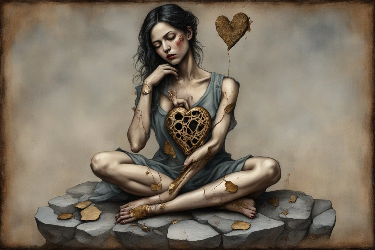 A sad and broken beautiful young woman is sitting on a stone holding a broken metal heart in her hands; perfect anatomically correct hands, perfect anatomically correct feet, mixed media collage, textured, layered, assemblage, inspired by Brian Viveros and Esao Andrews, elements of kintsugi on the edges of the heart with a gold and oxidized copper patina, backdrop of tumbleweeds and cacti interspersed with delicate flowers and subtle bokeh effects, the entire composition exuding an aura of grief