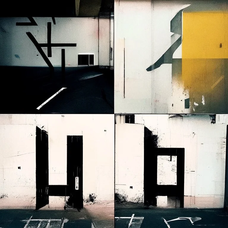 Minimal abstract oil paintings desolate 1960s carpark concrete fragments. Walls covered in typography. style of Justin Mortimer and Francis Bacon. road markings.