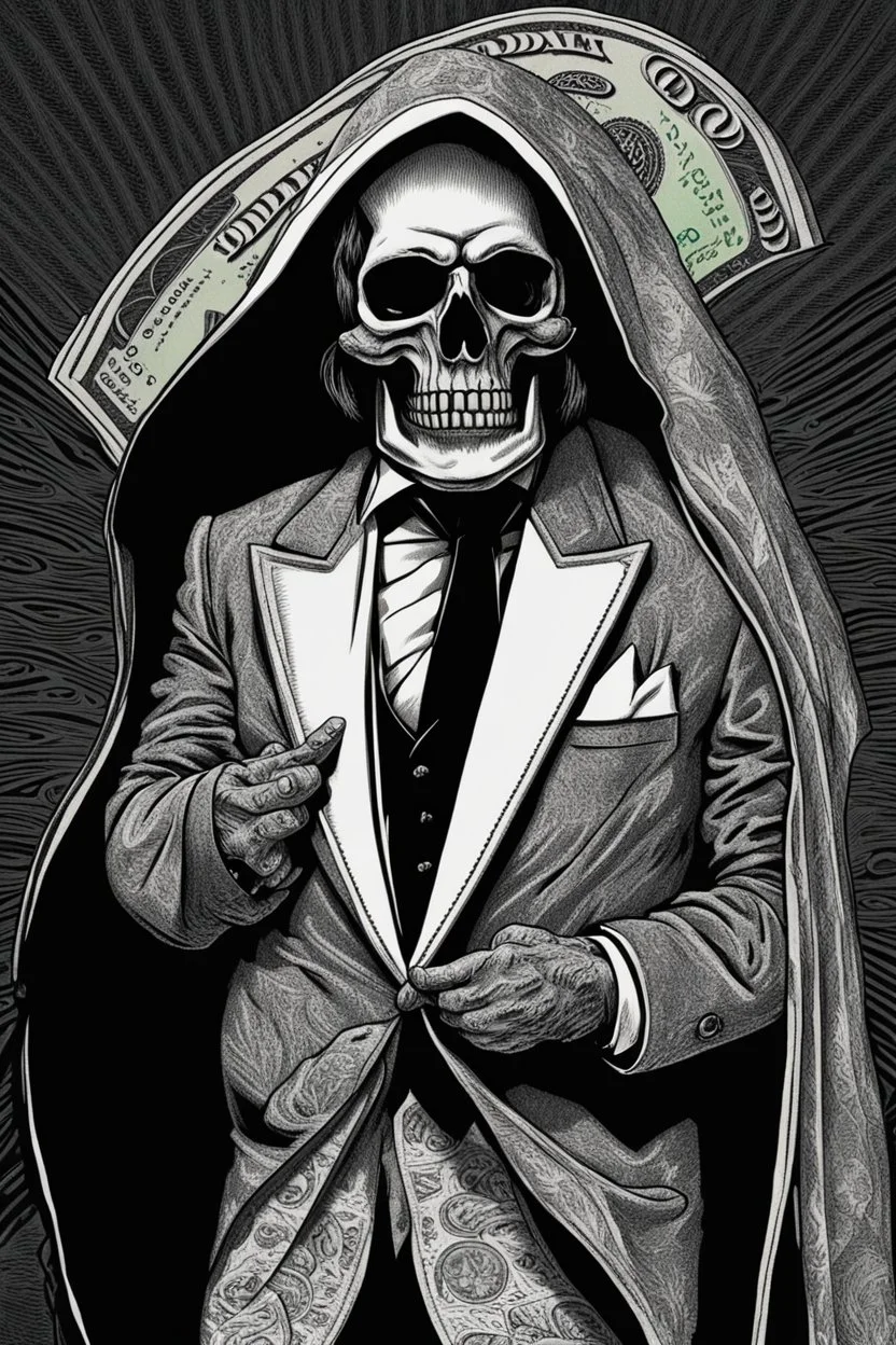 LINE TONE, WSJ STYLE, HEDCUT, ultra high image quality, HEAD AND SHOULDERS SHOT, Grim Reaper, WEARING A 3 PIECE SUIT, POSED FOR DOLLAR BILL PORTRAIT, , Close-up of an set against AMOLED-worthy pure black backdrop, fantasy art style infused with filter, tailored for vertical wallpaper, exclusive design with no duplicates, radiating beauty suitable for a PC screen image, vivid colors, ultra fine, digital painting, BASED ON THE UNITED STATES TREASURY NOTE ONE DOLLAR BILL