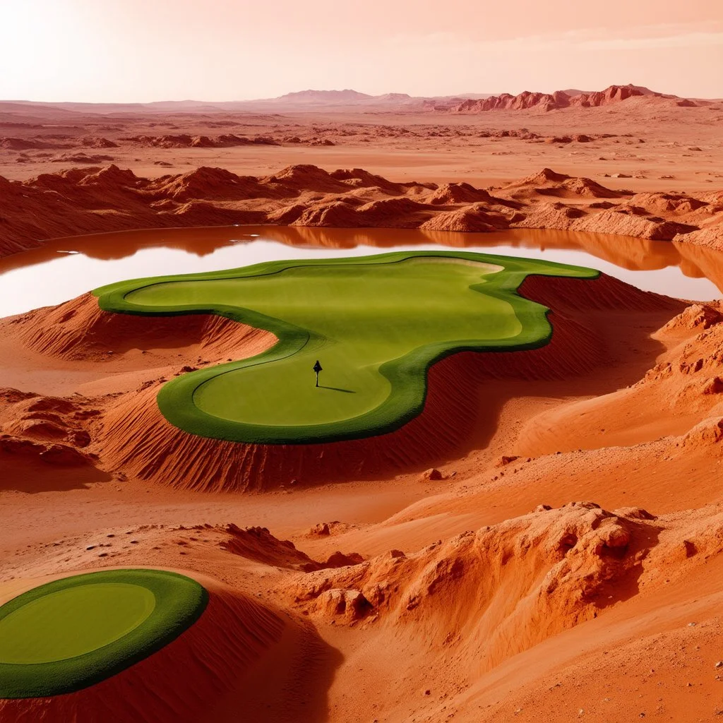 A golf course on the surface of Mars with water hazards and a green.