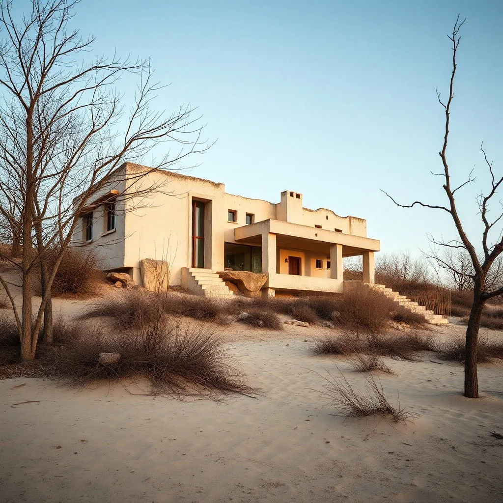 Fotografia di una villa moderna brutalista, che sembra . La struttura è erosa e inglobata dal paesaggio naturale, come se il tempo o l'ambiente avessero iniziato a "riassorbirla". L'atmosfera è desolata e surreale, con un ambiente circostante spoglio e sabbioso hasselblad h6d400c