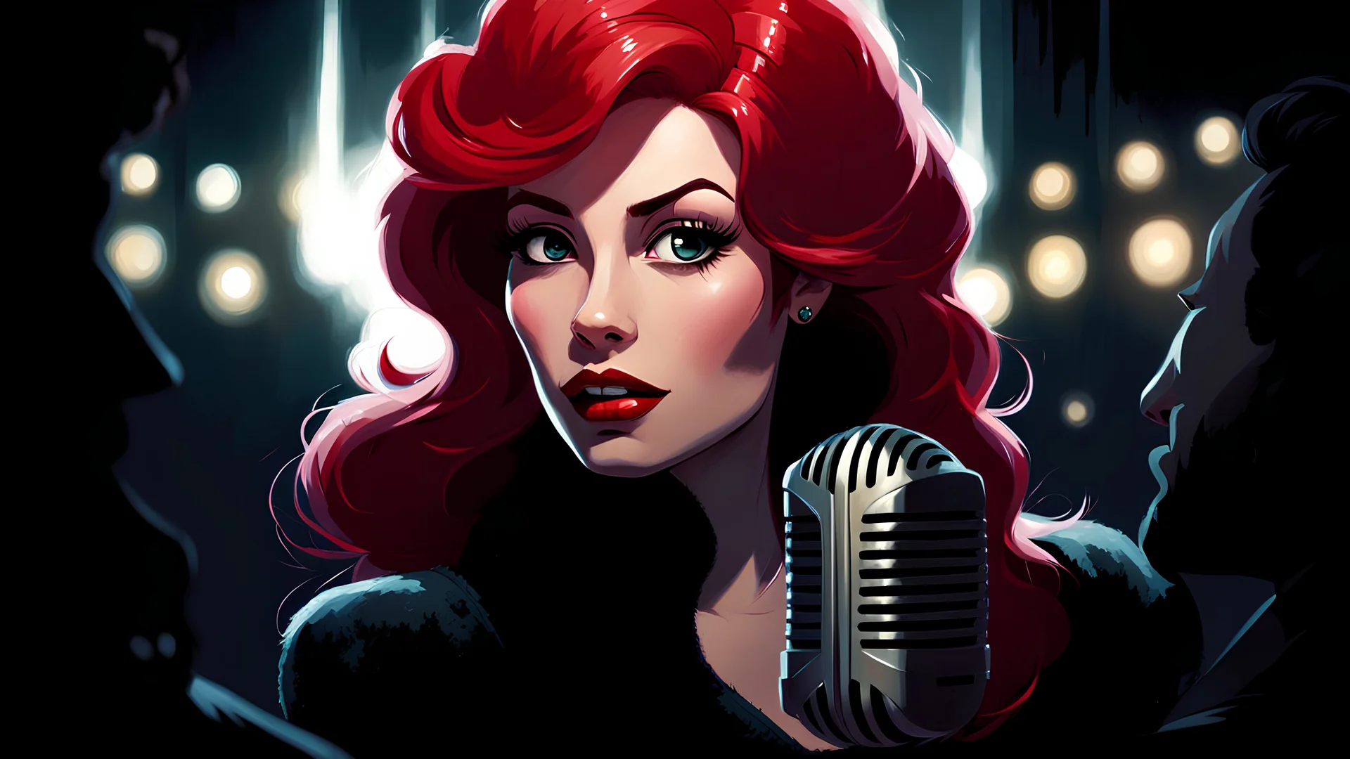 Graphic Novel Full Body Portrait Of Disney Ariel, Gorgeous Red Hair, Big Wide Set Eyes, Cute Nose, Big Pouty Lips, Unique Moody Face, Femme Fatale, singing into a vintage mic at a jazz club At Night, Cinematic Detailed Mysterious Sharp Focus High Contrast Dramatic Volumetric Lighting,:: dark mysterious esoteric atmosphere :: digital matt painting by Jeremy Mann + Carne Griffiths + Leonid Afremov, black canvas, dramatic shading, detailed face