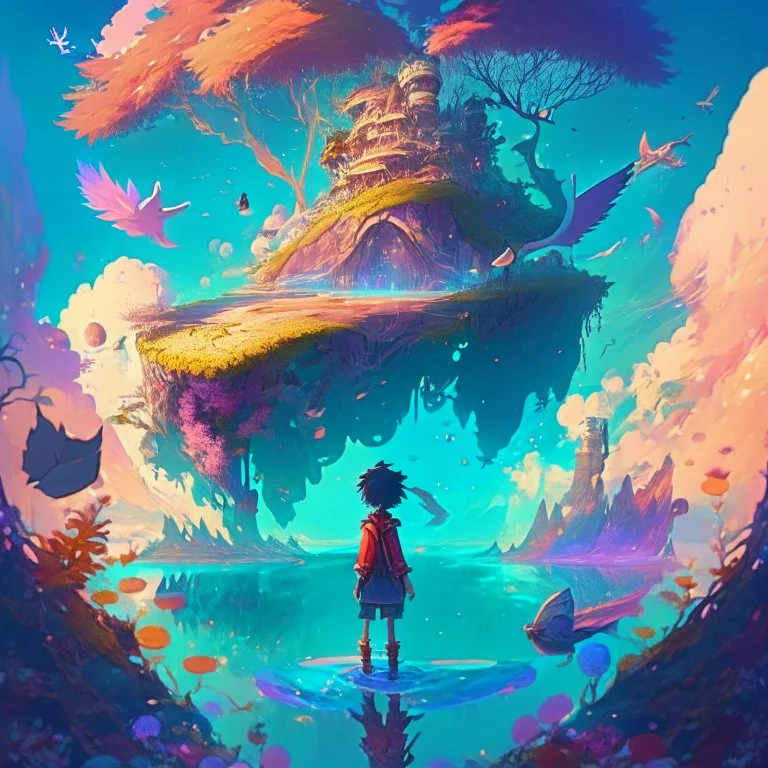 A vibrant, inspired illustration of a magical, dreamlike world, with floating islands, enchanting creatures, and a young protagonist embarking on a journey of self-discovery, evoking the imaginative and emotional storytelling found in anime,cinematic, 4k, high resolution, full details