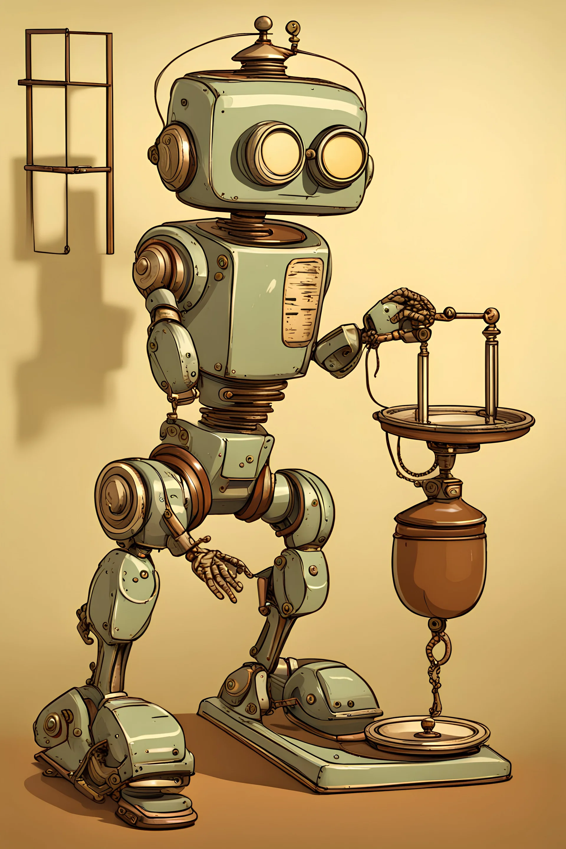 a robot wearing a blindfold and holding an antique scale