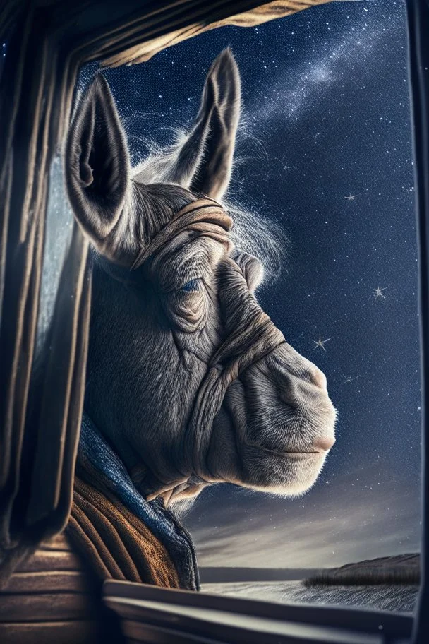 grandpa donkey portrait with background star field seen in the window of a boat, 4 k, trending art, depth of field, high detail, high contrast