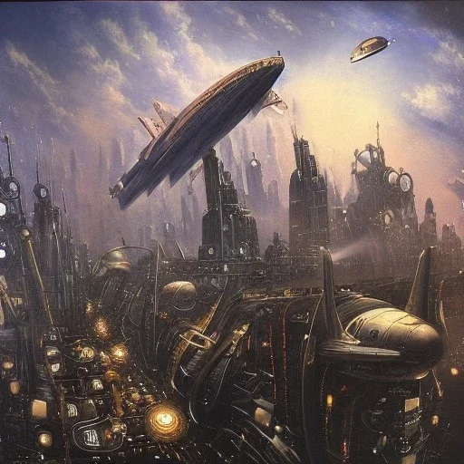 Steampunk scene of futuristic Victoria,space, fantasy airships flying over Manhattan in a cloudy sky,Giant sci-fi super-panzer in the style of John Berkey