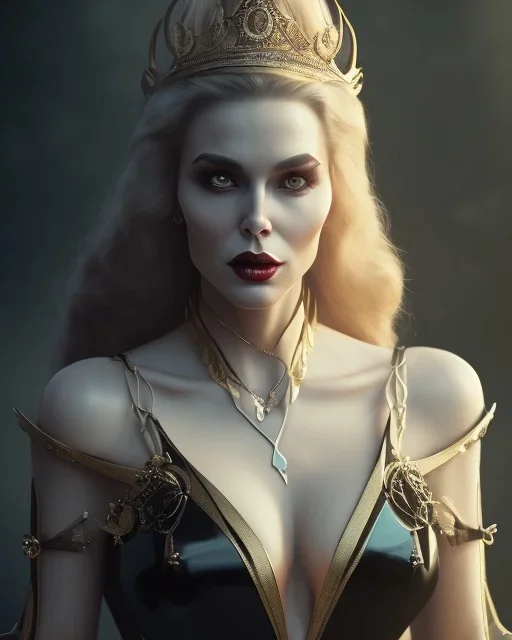 old evil queen in black leather gown, femme fatale, volouptous, busty, cleavage, angry, emperious, 8k resolution concept art portrait by Greg Rutkowski,