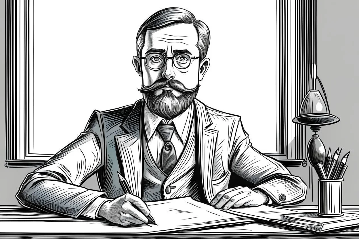 wide russian man sitting at desk, portrait, speech, nametag, glasses, neck beard, short hair, mustache, suit; caricature style, sketch art; black and white; grayscale, pencil drawing