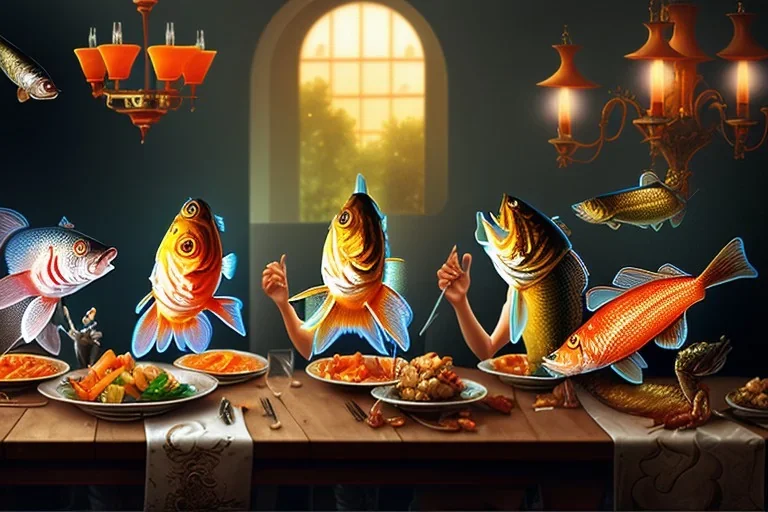 supper, fish sit at the table and eat pieces of people.