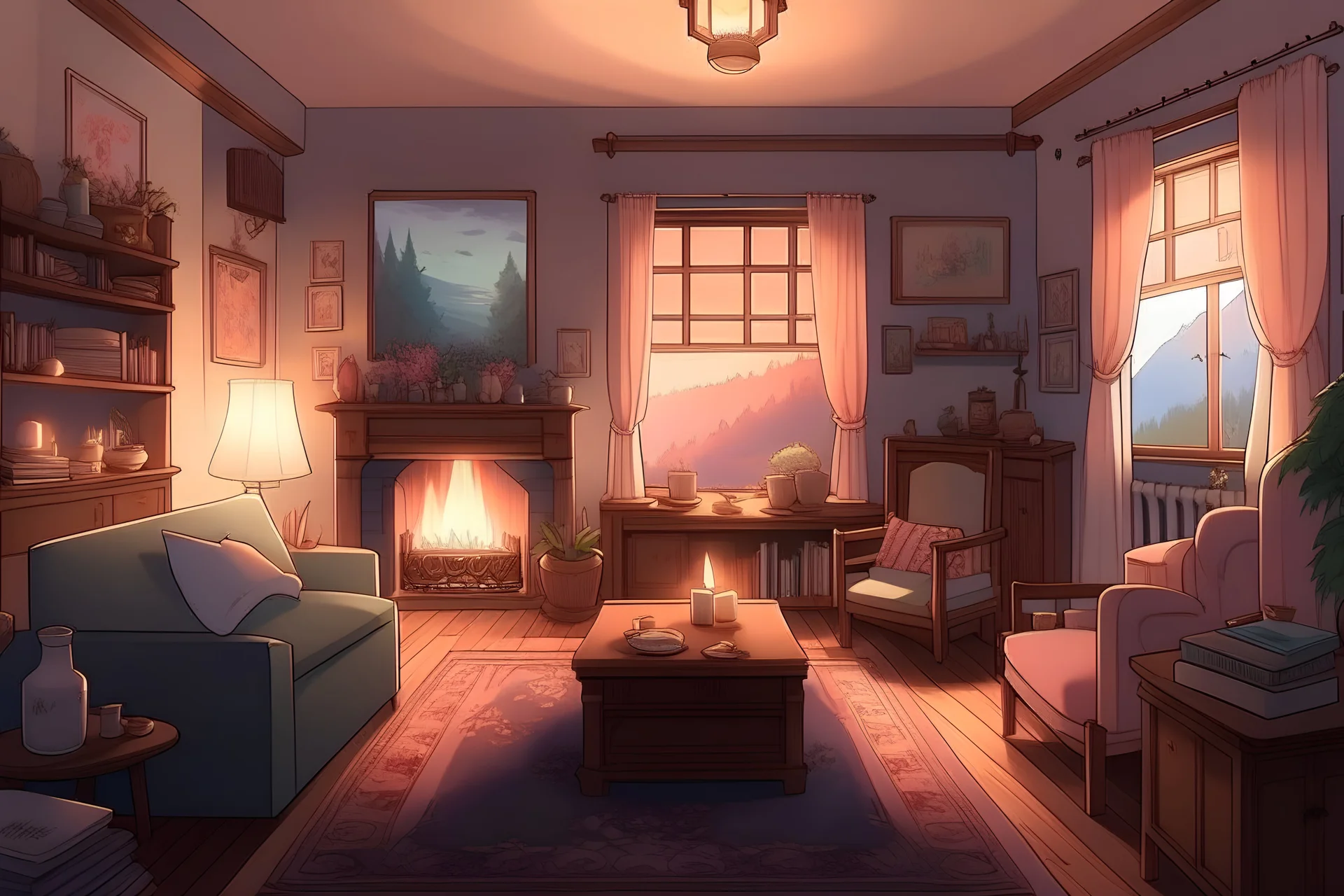 Craft a warm living room during night, with a fireplace, family photos, and soft, pastel hues. Include subtle horror elements, such as flickering lights casting eerie shadows, family photos with faces that distort at times, or a painting that gradually changes over time. anime visual novel style
