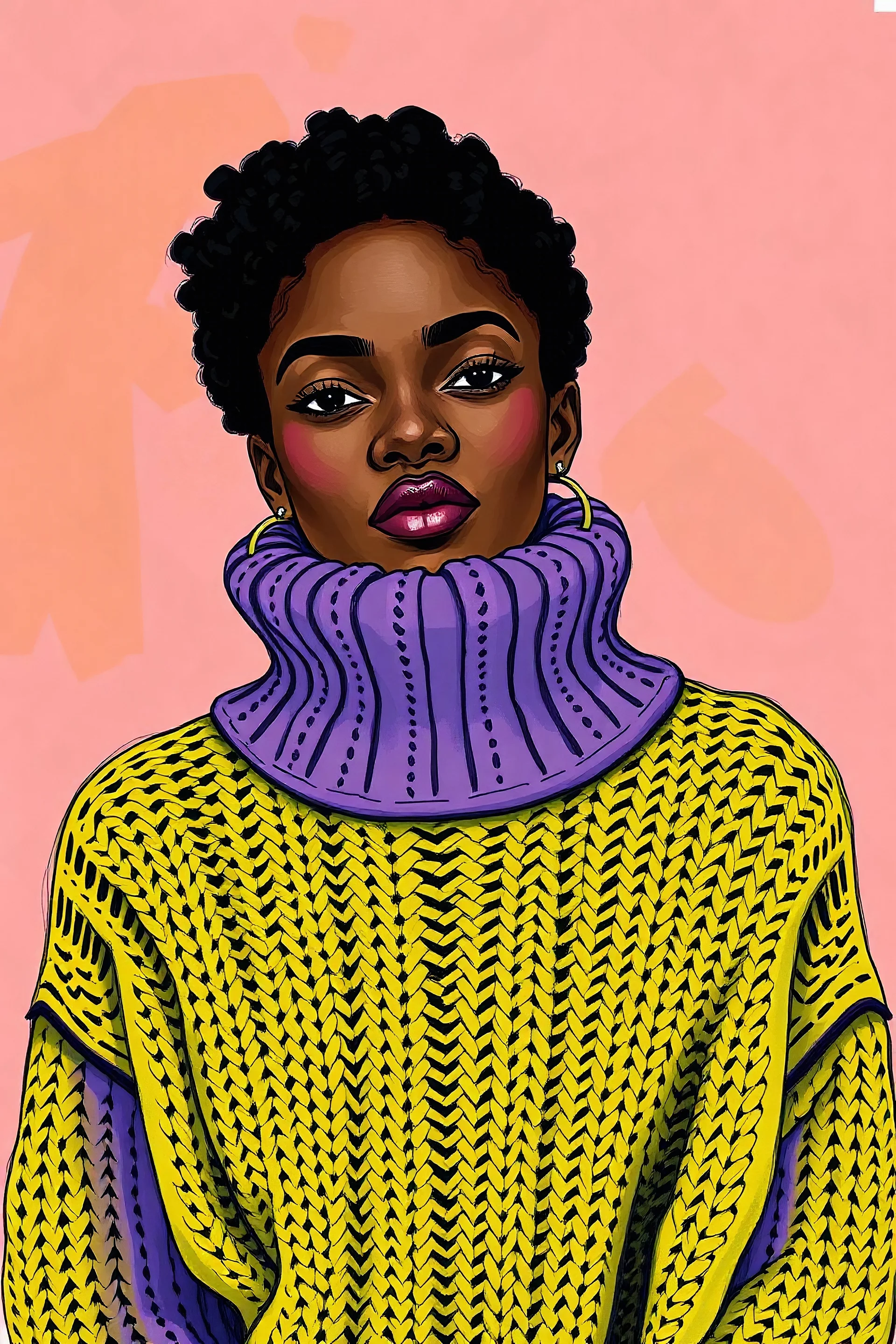 A colorful sketch of a black woman wearing a Oversized knit sweaters in warm hues like lavender