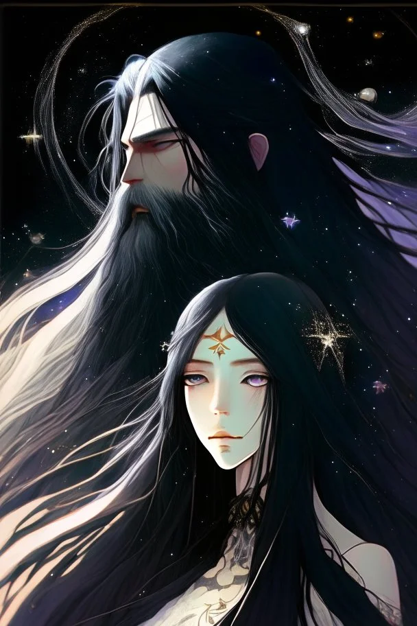Celestial anime woman, long black hair, with bearded man