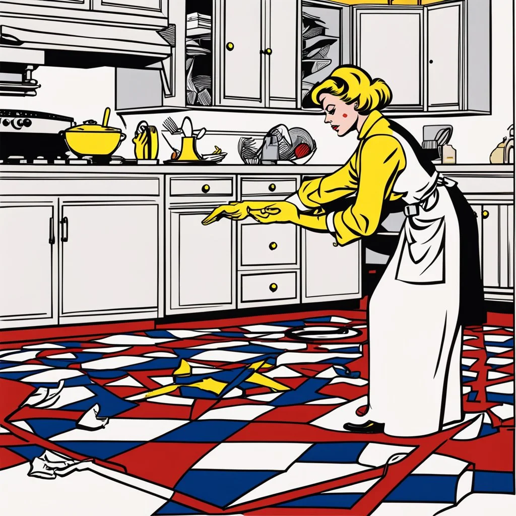 Roy Lichtenstein pop art, house wife drawing a pentagram on the kitchen floor preparing for a satanic ritual.