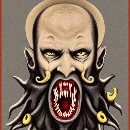 Vampire with yellow eyes with Cthulhu tentacle beard grey skin and vampire fangs and vampire bat nose as a Russian Orthodox