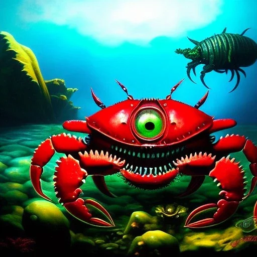 ultra detailed fullbody Drawing of a Cyborg Sea monster Gigantic RED Alien Crab on the shore ,metal body, open mouth, with sharp teeth, with glowing Green eyes, with humungus mechanical pincers, extremely detailed digital painting, intrincate, extremely detailed face,crystal clear Big eyes, in the style of Frank Frazetta, mystical colors , perfectly centered image, perfect composition, rim light, beautiful lighting, 8k, stunning scene, raytracing